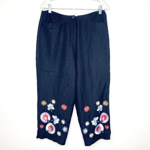Larry Levine Petite 10P Black Embroidered Linen Blend Cropped Pants Floral Boho